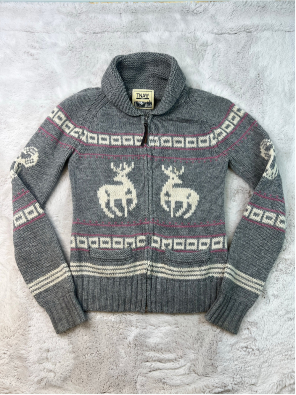 TNA Lambswool Knit Cardigan Zipper Sweater Reindeer Womens Size Large Grey Pink